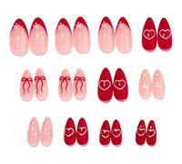 24 PCS False Nails,Wearable Nail Almond Red Nail Art Love Bow Simple Nail Art Nails Wearable Nails,Press On Nails, False Nails with Bow Heart Star Design for Women Valentine's Day