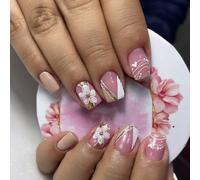 24 Pcs False Nails With White Floral Heart Line Designs Press on Nails Acrylic Manicure Nails Decoration For Women