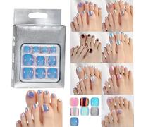 24 Pcs False Toenails Ombre Cat Eye Aura Pearlescent Mermaid Glitter Violet Blue Colour Gloss Finish Full Cover Press On False Fake Artificial Toenails