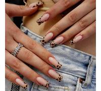 24 Pcs Fashion Artificial Nails Leopards Print False Long Coffin Press on Autumn Full Covers Stick on Leopards Print Press on False