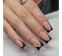 24 Pcs Festival Black French Tip False Golden Butterfly Acrylic Mediums Square Stick On