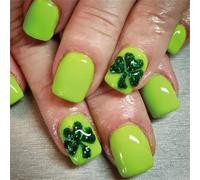 24 Pcs Festival Day Press On Nails Short Square False Nails Clovers Stick On Nails Glossy Green Acrylic Nails