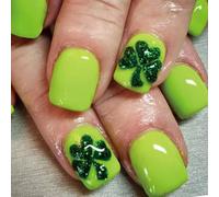 24 Pcs Festival Day Press On Nails Short Square False Nails Clovers Stick On Nails Glossy Green Acrylic Nails
