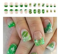 24 Pcs Festival Press On Nails French Tip False Nails Shamrocks Stick On Nails Lips Print Acrylic Nails