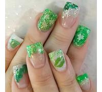 24 Pcs Festival Press On Nails Green Lips Print False Nails Shamrocks Acrylic Nails French Tip Stick On Nails