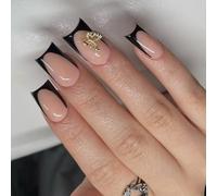 24 Pcs Festival Press On Nails Mediums Square False Nails Golden Butterfly Stick On French Tip Artificial
