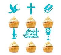 24 PCS First Holy Communion Cupcake Toppers Glitter Dove Cross God Bless Cupcake Picks Baby Shower Baptism Birthday Party Cake Decorations Supplies, Blue