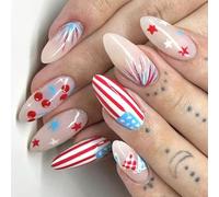 24 Pcs Flags Day Stick On Nails Mediums Almond False 4th Of July Press On Independence Day Artificial