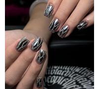 24 Pcs Flame Full Covers Stick On Nails Square Acrylic Black Gradients Press On Glittering False