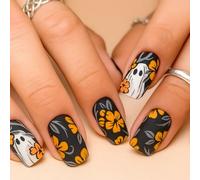 24 PCS Floral Mustard Yellow Press on Nails - Short Square Shape Matte Black Chalk Ghost White Ashy Gray Leaves Halloween Botanical Fusion Floral Aesthetic for Women