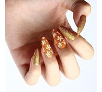 24 Pcs Flower Full Covers Stick On Nails Glittering Press On Nails Mediums Almond False Nails Winter Artificial Nails
