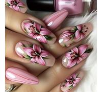 24 Pcs Flower Press On Nails Full Covers False Floral Art Manicure Glossy Artificial Stick On Nail Decoration