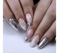 24 Pcs Flower Stiletto Fake Nails Long,Green French Patterns, Beautiful Almond for Women, Acrylic Extra Long False Nails Long for Nail Art 15 Silver&snow8