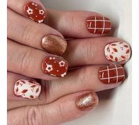 24 Pcs Flowers and Lines False Nails Short Square Full Covers Stick on Winter Press on Manicures Supplies