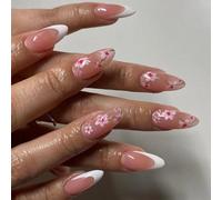 24 Pcs Flowers Artificial Nails French Tip Press On Mediums Almond Full Covers Stick On Glossy False