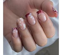24 Pcs Flowers Artificial Nails French Tip Press On Short Square Stick On Glossy False For Party