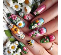 24 Pcs Flowers Artificial Nails Water Droplets Press On Nails Mediums Stick On Glossy False For Party