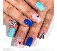 24 Pcs Flowers False Nails Blue Artificial Swirls Full Covers Stick On Short Press On For Daily