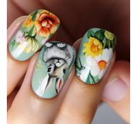 24 Pcs Flowers False Nails Green Artificial Easter Rabbits Full Covers Stick On Short Square Press On