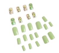24 Pcs Flowers Stick on Nails Green Artificial Mediuim Square False Glossy Press on for Woman Girls
