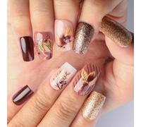 24 Pcs Flowers Stick On Nails Leaves Artificial Nails Mediums Square False Glittering Press On For Woman