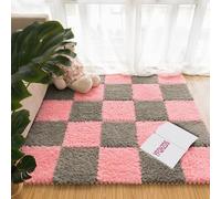 24 Pcs Fluffy Plush Foam Floor Mats, Soft Interlocking Play Tiles, Fuzzy Carpet for Living Room, Baby Play Area, 12x12x0.4 Inch, Gray & Pink