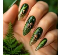 24 PCS Forest Green Mushroom Nails - Gradient Leaf & Sparkling Glitter Design, Long Wide Almond Shape, ABS Material with Jelly Adhesive Tabs, Nail Art for Women, Weddings & Festivals
