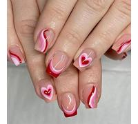 24 PCS French Chipstick Nails Valentine's Day Phase Nail Heart Artificial Nails Short Square Press Nails on Nails
