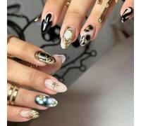 24 Pcs French False Nails - Press On Nails - Full Cover Nude Black Pearl French Tip Stick On Nails - French Fake Nails for Women and Girls - Nail Art