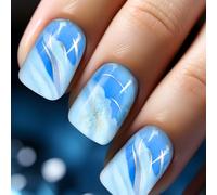 24 Pcs French False Nails, Press-On Nails, Nail glue included, Blue Short Square False Nail Gold Swirl Stick on Nails, Full Cover Stick on Nails Elegant Fake Nails for Women Girls