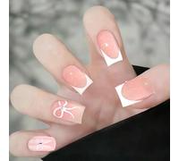 24 PCS French False Nails, Reusable French Tip Nails with Removable Jelly Glue, Glossy Full Cover Glue Fake Nail Art Accessories for Women Girls Daily Wear Manicure