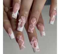 24-PCS French Pink Bow Press on Nails,Long Length Square Coffin Fake Nails with Cute 3D Flower Design,Rhinestone Glossy and Full Cover Acrylic False Nails for Valentine’s Day,Wedding,Party