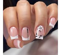 24 PCS French Press on Nails - White Square False Nails Glossy Flowers Fake Nails with Line Design Full Cover Short Nails Art for Women and Girls Daily Decoration