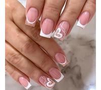 24-PCS French Square Heart Press on Nails,Medium Pink Fake Nails,Cute and Romantic LOVE Style False Nails,Glossy and Full Cover Acrylic Nails for Valentine’s Day