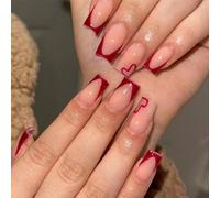 24-PCS French Square Heart Press on Nails,Medium Red Fake Nails,Cute and Romantic LOVE Style False Nails,Glossy and Full Cover Acrylic Nails for Valentine’s Day