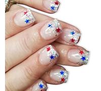 24 Pcs French Tip Artificial Nails Independence Day Stick On Nails Short False Nails 4th Of July Press On Nails