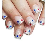 24 Pcs French Tip Artificial Nails Independence Day Stick On Short False 4th Of July Press On