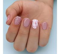 24 Pcs French Tip False Nails Set with Glitter Pink Design - Short Square Shape, Durable ABS Material Jelly Adhesive Tabs - Easy Application Holiday Glam Nail Art for Women