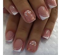 24 Pcs French Tip Full Covers False Nails Leaf Press On Short Square Stick On Acrylic For Daily
