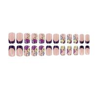 24 Pcs French Tip Mediums Square Stick on Nails Sweet Flower Artificial Festival False