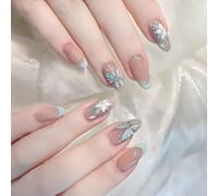 24 Pcs French Tip Press On Nails Blue Butterfly False Nails Gradients Acrylic Nails Elegant Full Covers Stick On Nails