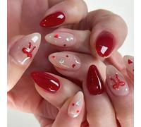 24 Pcs French Tip Press On Nails Bows Acrylic Heart Stick On Valentines Day False With Rhinestones