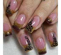 24 Pcs French Tip Press On Nails Glittering False Mediums Square Stick On Leopards Print Artificial