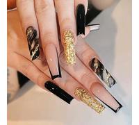 24-PCS French Tip Press on Nails Long Fake Nails Shiny Black Gold Coffin Press on Fake Nails Glossy False Nails Full Cover Acrylic Nails for Women & Girls…