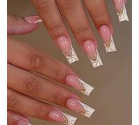 24 Pcs French Tip Press On Nails Mediums Length Coffin False Nails Full Covers Stick On Nails Bows Artificial Nails