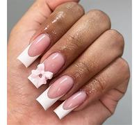 24 Pcs French Tip Press On Nails Mediums Long Coffin False Nails 3D Bowknot Stick On Nails Manicures Supplies For Wome