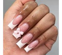 24 Pcs French Tip Press On Nails Mediums Long Coffin False Nails 3D Bowknot Stick On Nails Manicures Supplies For Wome