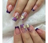 24 Pcs French Tip Press On Nails Mediums Square Stick On Sweet Flower Artificial Festival False