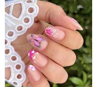 24 Pcs French Tip Press On Nails Short Almond False Nails Flowers Acrylic Butterfly Full Covers Stick On