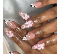 24 Pcs French Tip Press On Nails Short Almond False Sweet Bows Acrylic Simple Full Covers Stick On